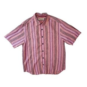 Tommy Bahama Men Size M Linen Button Shirt Stripe Pink Multicolor Short Sleeve